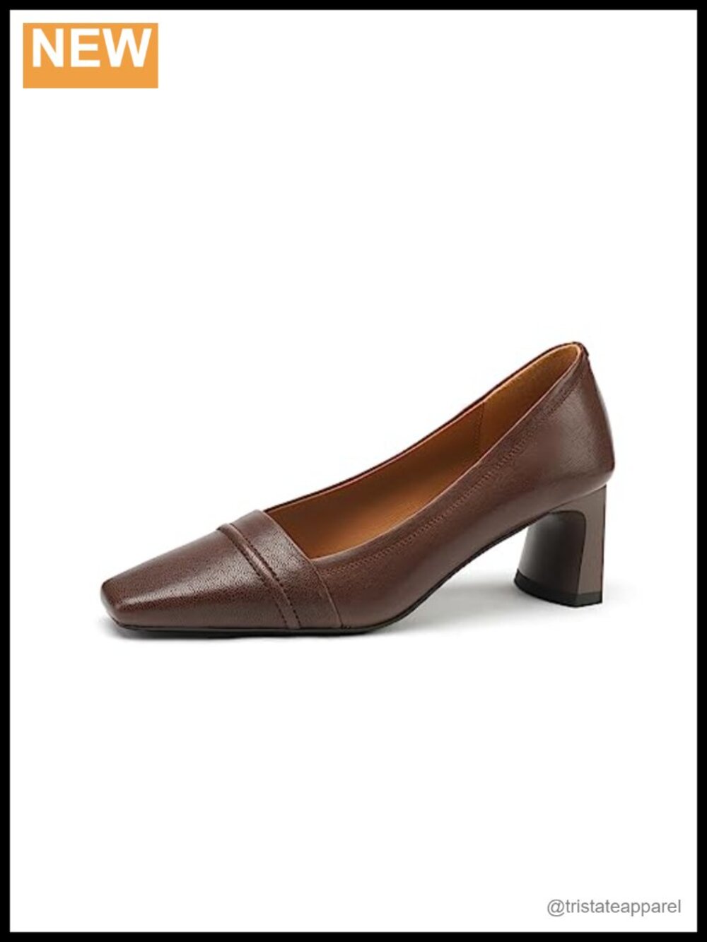 Genuine Leather Square Toe Mid Block Heel Handmade Slip On Pumps